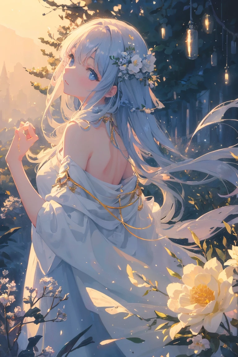 (masterpiece、8K、top-quality)、(Soft light:1.5), Full body, Detailed face, Detailed eyes, beautiful digital works of art, landscape, Back Light, Many flowers, forest, Sparkling eyes, Winters, Warm, Warm light, Iridescent gradient colors, watercolor paiting