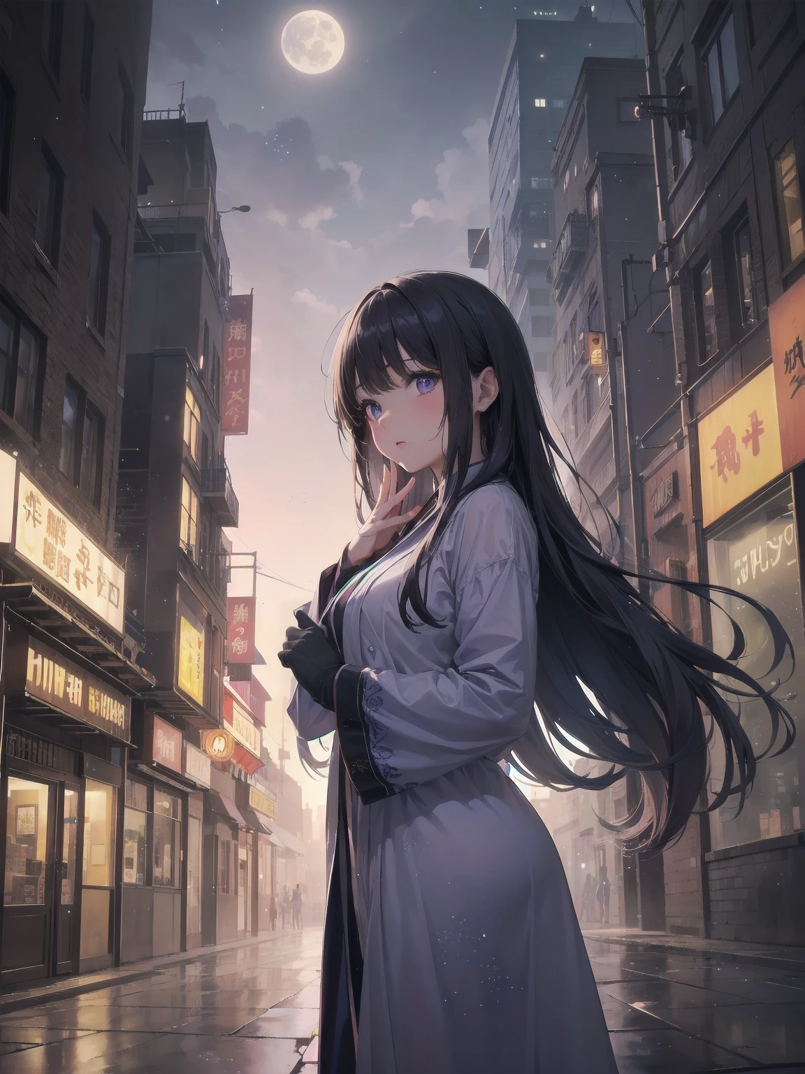 masterpiece, 8k, Highest quality, Very detailed, Purple & A beautiful girl in a blue magical robe with a moon motif、Close-up on the characters、(building, city、A dense fog of fluorescent particles、１８００Era、Western style、Fiction、grow、Overwhelming、Detailed street）、A pretty woman with a beautiful background and a lovely pose