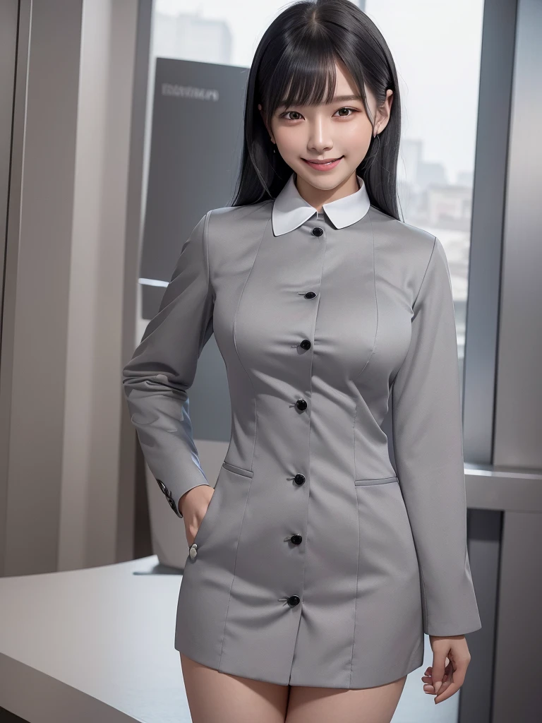 Highest quality、masterpiece、8k、Very detailed、Realistic、(One girl)、(Looking at me with a smile:1.5)、whole body、(Black Hair)、Small face、(Slender:1.2)、(Big Breasts:1.2)、(White business shirt with buttons and a collar:1.2)、(short tight skirt in gray,:1.2)、(Grey business jacket:1.2)