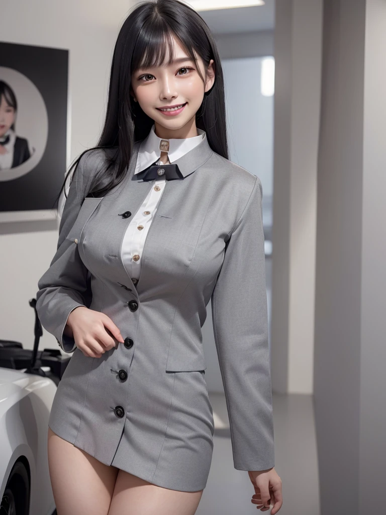 Highest quality、masterpiece、8k、Very detailed、Realistic、(One girl)、(Looking at me with a smile:1.5)、whole body、(Black Hair)、Small face、(Slender:1.2)、(Big Breasts:1.2)、(White business shirt with buttons and a collar:1.2)、(short tight skirt in gray,:1.2)、(Grey business jacket:1.2)