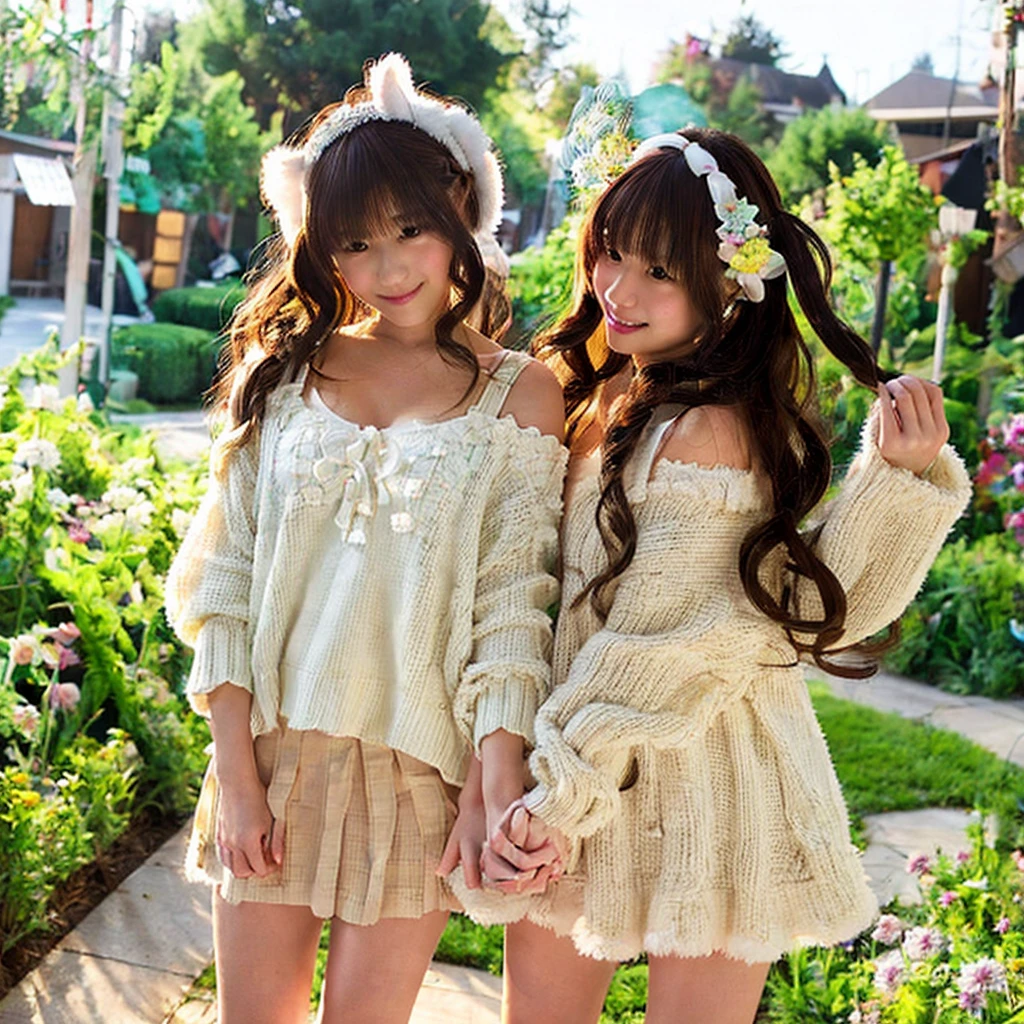 White fluffy camisole、Short white cardigan、White mini skirt、rabbit headband、Two girls with long brown hair and big curly hair are standing arm in arm.