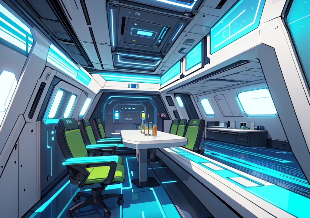 A space, a little wide, of a futuristic spaceship, with an animated style, with a blue metal floor and cyan walls on the sides, with chairs that are on the sides of the ship