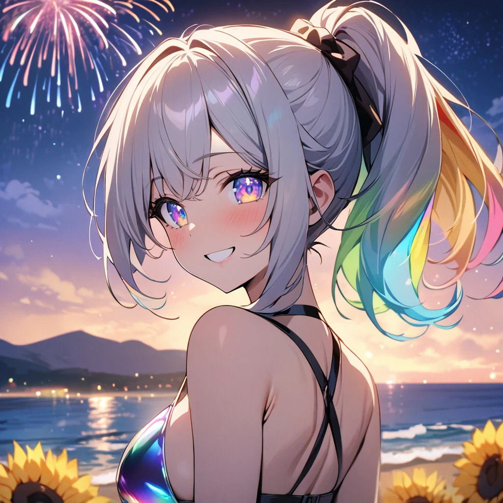 Top quality, masterpiece,Rainbow Hair,ponytail,Rainbow Eyes,smile,woman wearing a iridescent bikini,Gorgeous fireworks, rainbow and stars in the night sky, sunflower field, sea, sandy beach, smile