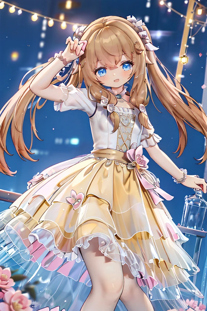 Solo girl, comical, kawaii, Blue eyes, light brown hair, high long twintails, (yellow shirt 1.5), (yellow princess dress 1.5), ignore the viewer, open mouth smile, top angle, posing, sexy, high-resolution image, masterpiece, high quality, attractive eyes