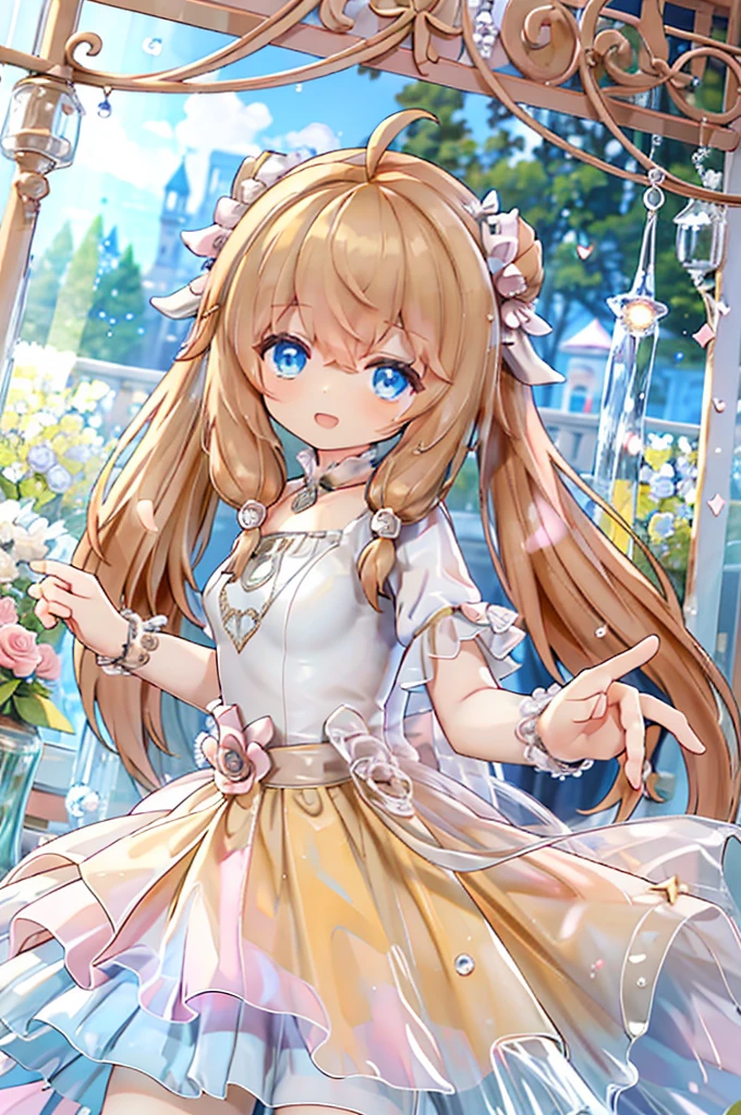 Solo girl, comical, kawaii, Blue eyes, light brown hair, high long twintails, (yellow shirt 1.5), (yellow princess dress 1.5), ignore the viewer, open mouth smile, top angle, posing, sexy, high-resolution image, masterpiece, high quality, attractive eyes