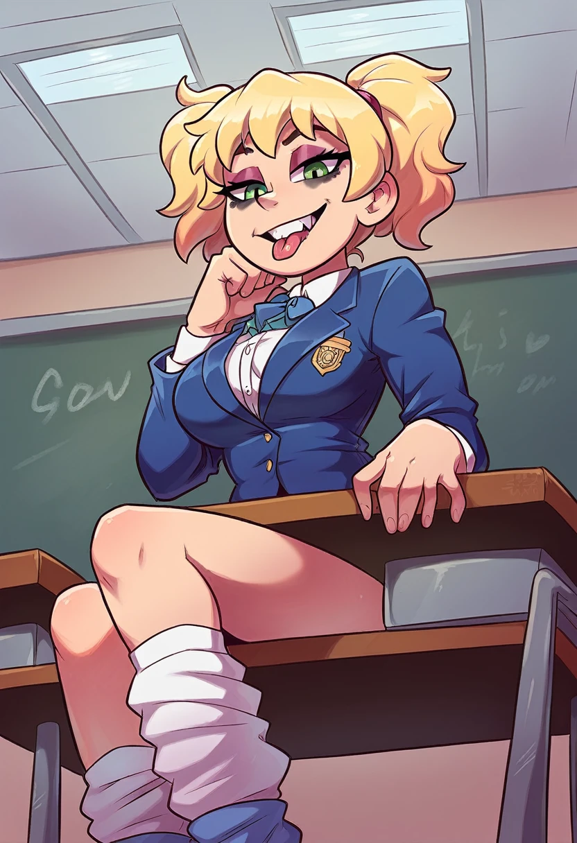 masterpiece,high quality,((Perfect human body)),Realistic Anime,One Girl,,gal,Gal girl,Short wavy blonde twin tails,Green Eyes,A worn-out blazer, uniform,Big Breasts,low length,small,classroom,Sit at the table,loose socks,Smirking face,Cute Makeup,See-through micro panties,pussy juice,Licking my tongue,rest one's chin on one's hand