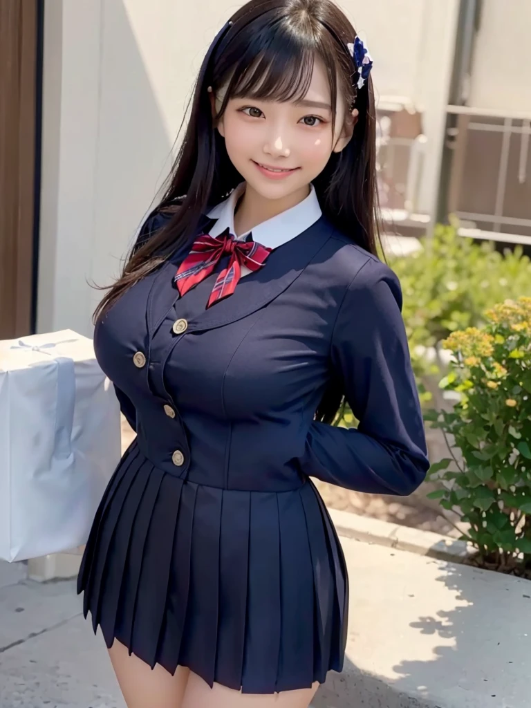 Highest quality、masterpiece、8k、Very detailed、Realistic、(One girl)、Girls in their 、Young face、Primary scht me with a smile:1.5)、whole body、Black Hair、Small face、(Slender:1.2)、(Big Breasts:1.2)、(White business shirt with buttons and a collar:1.2)、(Navy blue short pleated skirt:1.2)、(Navy blue business jacket:1.2)、(Red color bow tie:1.2)、(She spreads her panties with both hands and presents them to the viewers.:1.2)