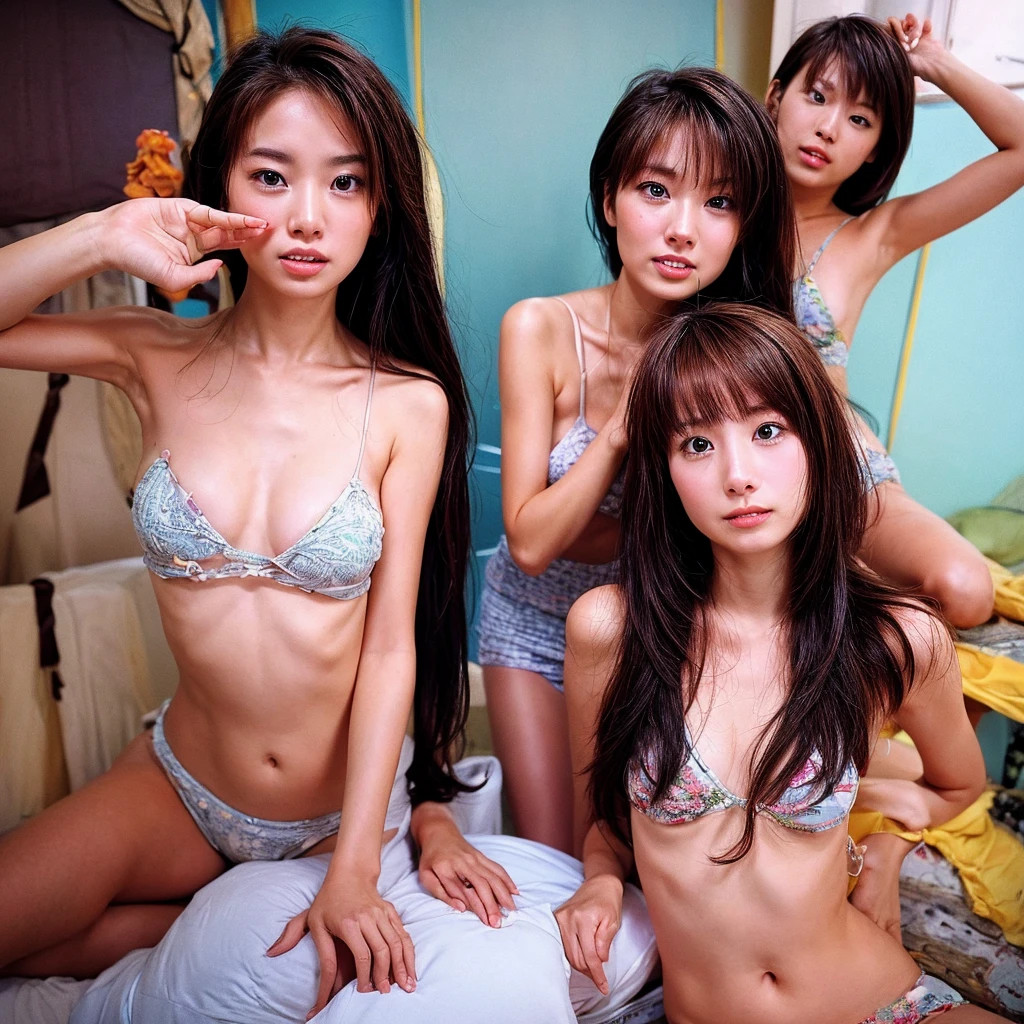 Identical twin sisters、20-year-old、The exact same face、Exactly the same body type、The exact same hairstyle、Instagram model from another dimension, 2 people, Imaginative, Metaphysical, Whimsical, Anaglyph Style, 1 Japan, Cute Face, 18-year-old,