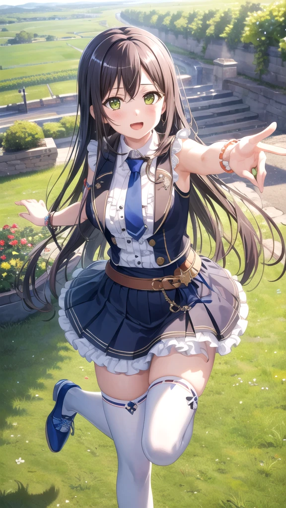 ((masterpiece)), (best quality), official art, extremely detailed CG, unity 8k wallpaper, ultra detailed, highly detailed, detailed background, vivid color,
1girl, tae,black hair,long hair,green eyes, 
skirt, shirt, thighhighs, bow, white shirt, pleated skirt, frills, necktie, sleeveless, collared shirt, belt, miniskirt, star symbol, bracelet, blue skirt, zettai ryouiki, sleeveless shirt, blue bow, blue footwear,  
Leaping with one hand reaching up, vineyard, sprawling countryside, terraced slopes, winery, 
 