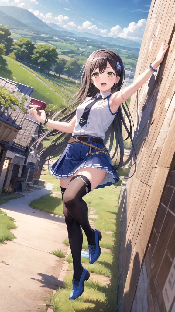 ((masterpiece)), (best quality), official art, extremely detailed CG, unity 8k wallpaper, ultra detailed, highly detailed, detailed background, vivid color,
1girl, tae,black hair,long hair,green eyes, 
skirt, shirt, thighhighs, bow, white shirt, pleated skirt, frills, necktie, sleeveless, collared shirt, belt, miniskirt, star symbol, bracelet, blue skirt, zettai ryouiki, sleeveless shirt, blue bow, blue footwear,  
Leaping with one hand reaching up, vineyard, sprawling countryside, terraced slopes, winery, 
 