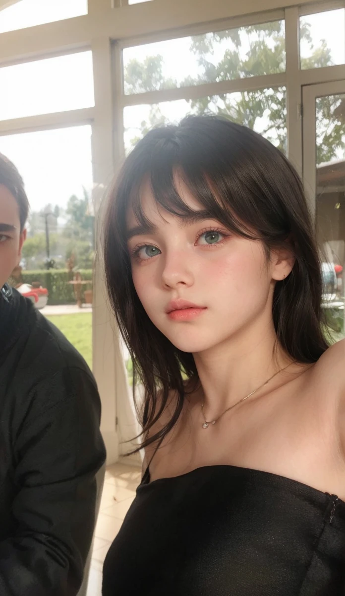 boy pale silky soft black hair bangs above eyebrow light green eyes, with her little pink lips and small, thin potato nose, taking a photo looking at the camera and good quality