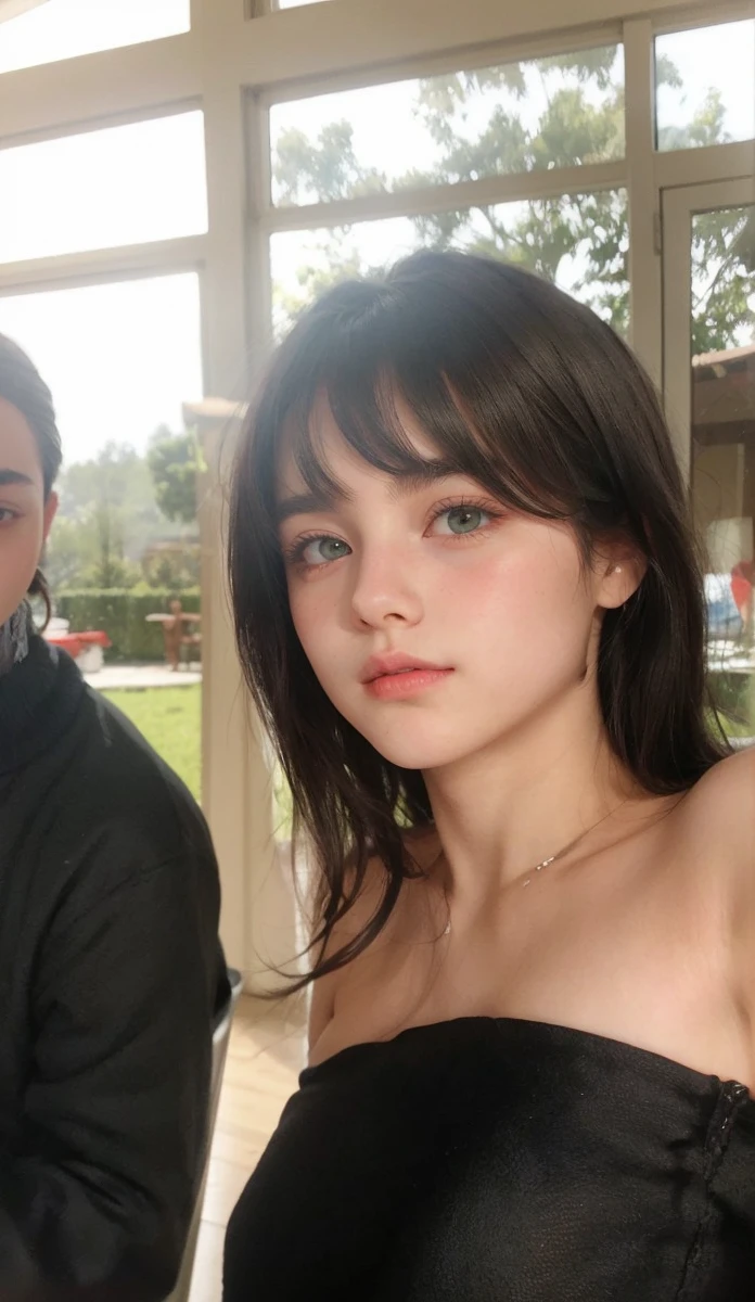 Teen boy pale silky soft black hair bangs above eyebrow light green eyes, with her little pink lips and small, thin potato nose, taking a photo looking at the camera and good quality
