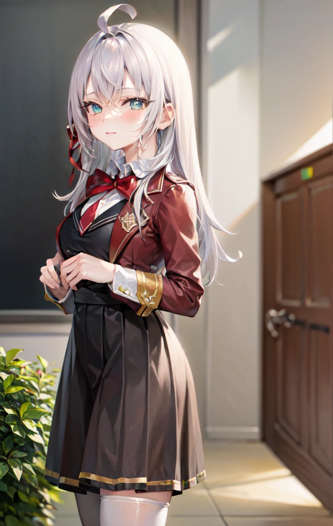 work of art, high resolution, highest quallity, illustration, cinematic light, ultra detaild, face detailed, (((detailedeyes))), best qualityer, hyper detailled, work of art, (face detailed), Alisa Kujou, 1 girl, long hair, blue colored eyes, chemise, 弓, cinta, , jaket, hair cinta, (White hair), focus only, 弓tie, Look to viewer, red 弓, red cinta, red 弓tie,overskirt, white thigh highs, ((schoolar uniform)), class room
