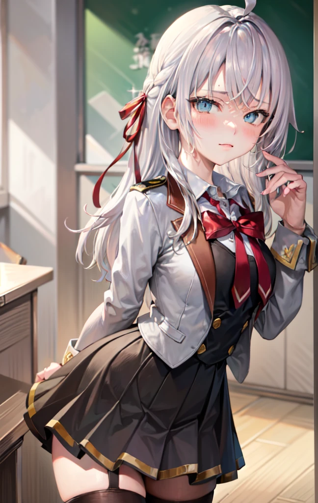 work of art, high resolution, highest quallity, illustration, cinematic light, ultra detaild, face detailed, (((detailedeyes))), best qualityer, hyper detailled, work of art, (face detailed), Alisa Kujou, 1 girl, long hair, blue colored eyes, chemise, 弓, cinta, , jaket, hair cinta, (White hair), focus only, 弓tie, Look to viewer, red 弓, red cinta, red 弓tie,overskirt, white thigh highs, ((schoolar uniform)), class room
