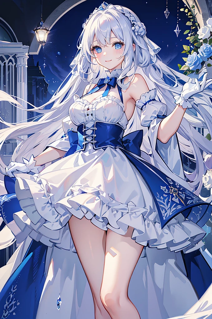 A woman with white hair and blue eyes、adult、Long, fluffy wavy hair、Braiding、Wearing hair ornaments、Smiling、Princess、White gloves、blue and white lace dress、ribbon、Decorations such as roses and drops、The dress is short in the front and long in the back、Garter Ring、Fantasy