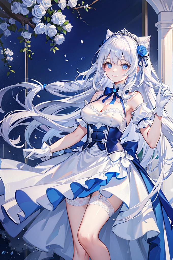 A woman with white hair and blue eyes、adult、Long, fluffy wavy hair、Braiding、Wearing hair ornaments、Smiling、Princess、White gloves、blue and white lace dress、ribbon、Decorations such as roses and drops、The dress is short in the front and long in the back、Garter Ring、Fantasy