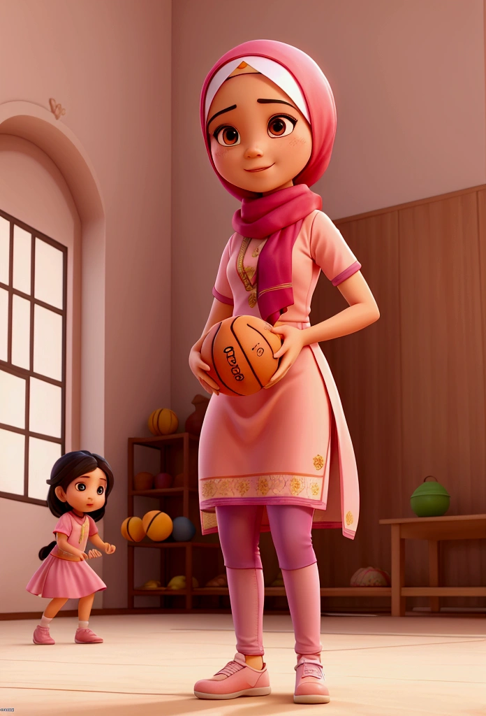 masterpiece, best quality: Successful malay female baker wearing pink hijab and baju kurung playing basketball with girls
