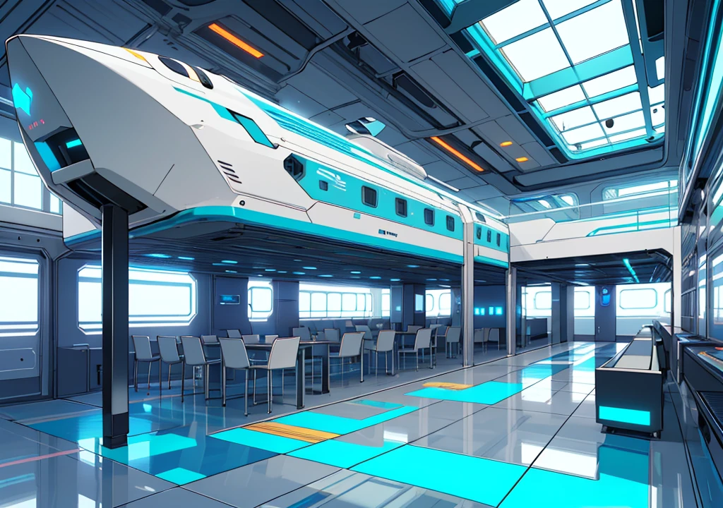A wide space of a futuristic spaceship, with an animated style, with a blue metal floor and cyan walls on the sides, with chairs that are on the sides of the ship