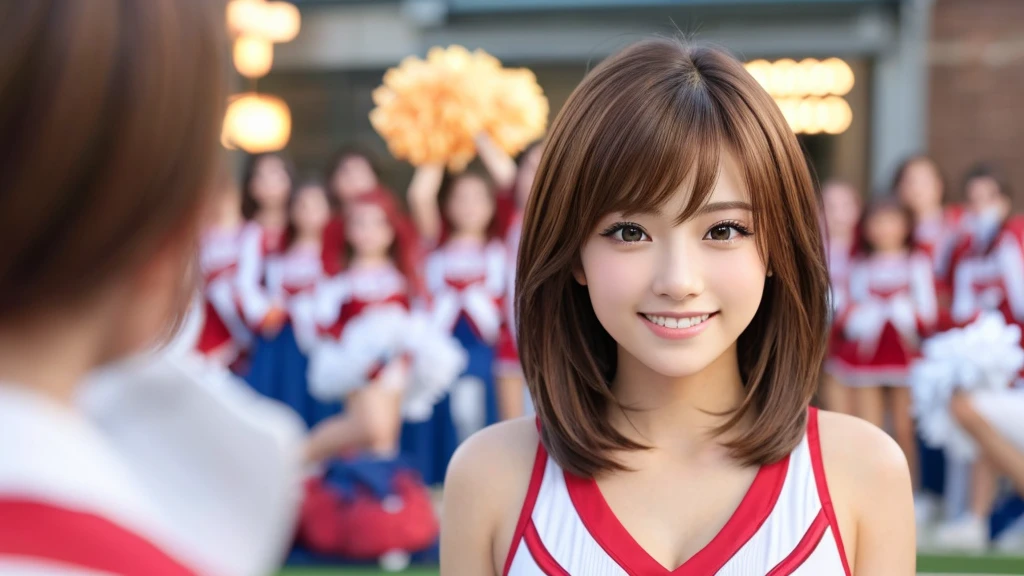 Realistic、Masseter region、Highest quality、High resolution、RAW Photos、Realistic、Bright lighting、Face Light、Smooth Professional Lighting、Japanese women、Beautiful woman、Modeled、gravure、sexy、so beautiful、Realisticで美しい肌、Beautiful and detailed、Detailed face、slim、Large Breasts、Cleavage、short hair、Brunette Hair、Brown eyes、Looking into the camera、Cheerleader、Cheerleader、Cheerleader、smile