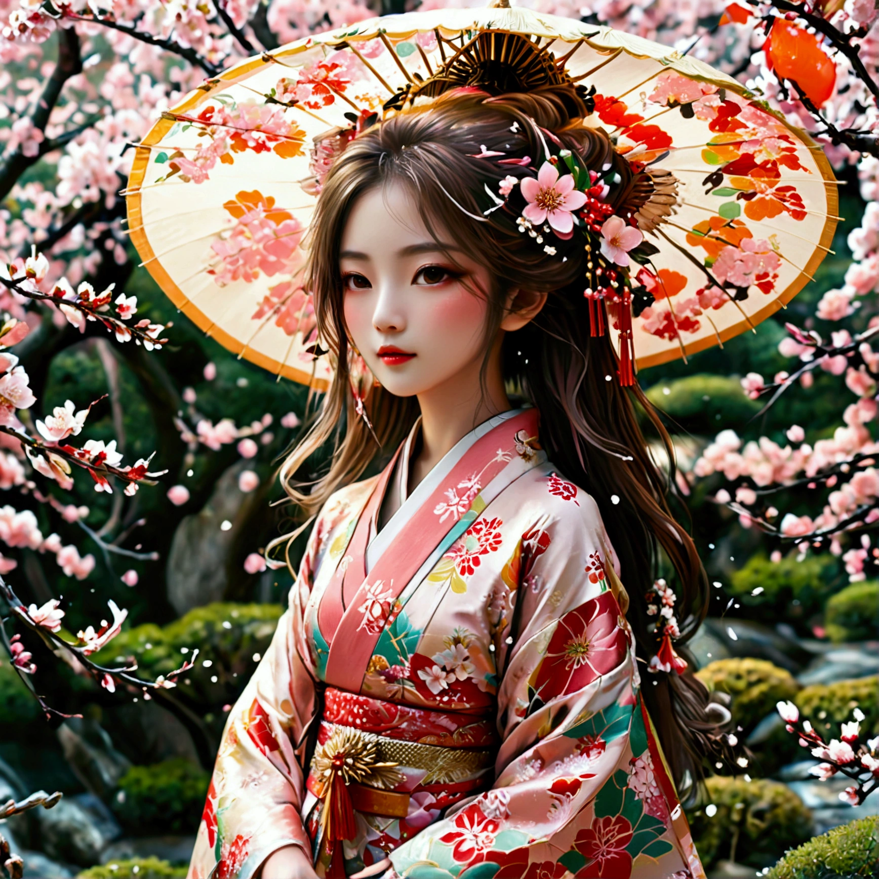 Illustration of a fox girl wearing traditional Japanese kimono, With detailed floral patterns and bright colors. She is long, The flowing hair is dotted with delicate cherry blossoms, She held a decorative paper parasol, Standing elegantly against the backdrop of a tranquil cherry blossom garden