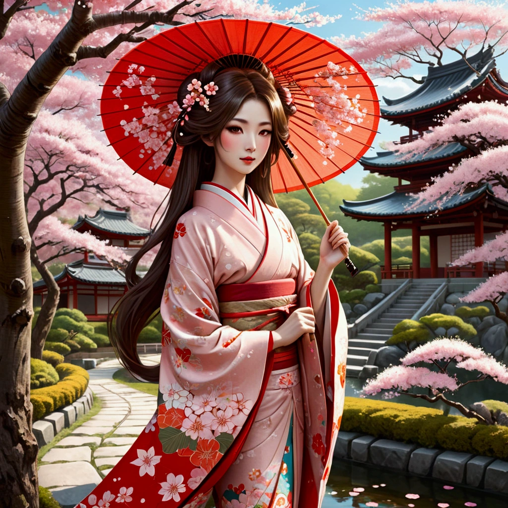 Illustration of a fox girl wearing traditional Japanese kimono, With detailed floral patterns and bright colors. She is long, The flowing hair is dotted with delicate cherry blossoms, She held a decorative paper parasol, Standing elegantly against the backdrop of a tranquil cherry blossom garden