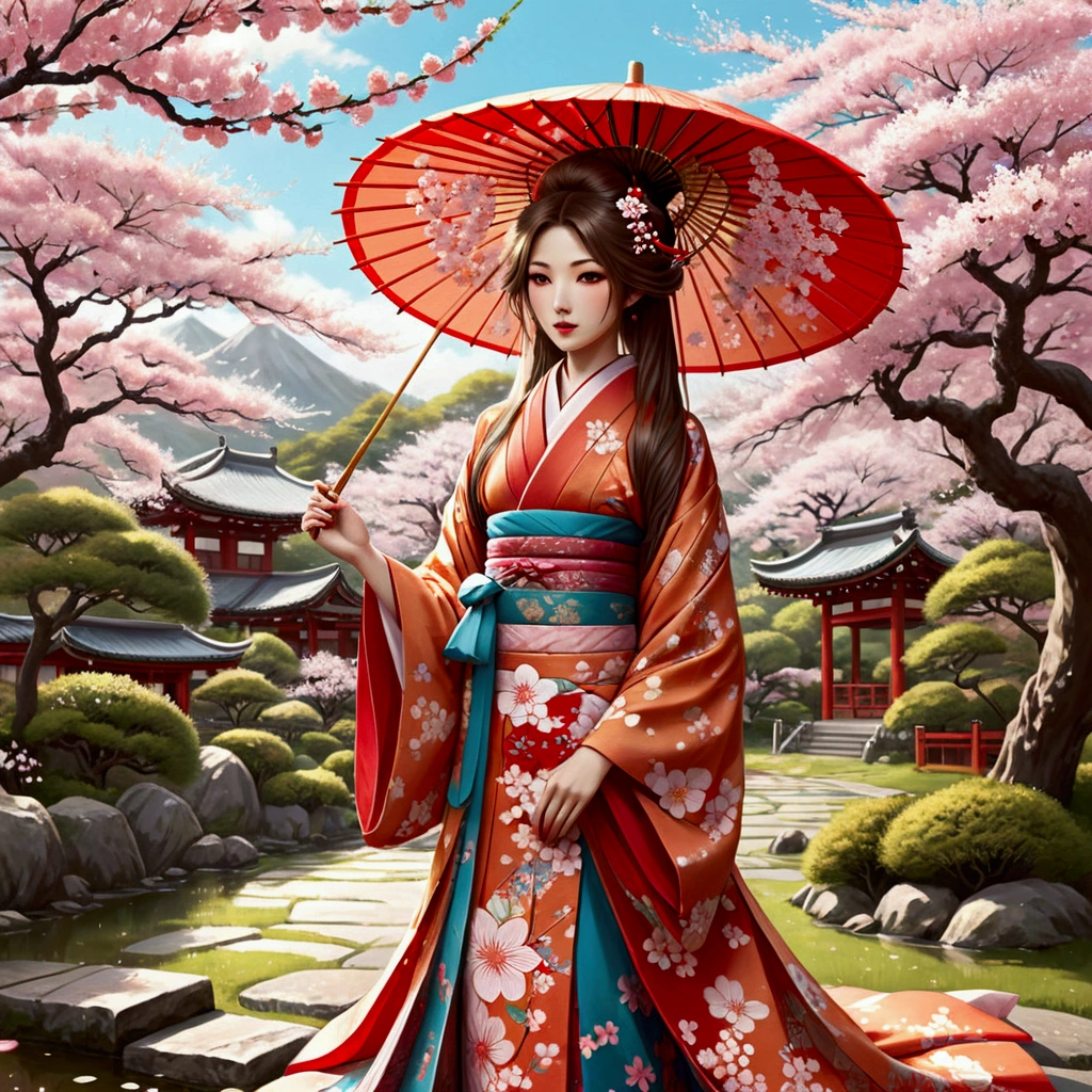 Illustration of a fox girl wearing traditional Japanese kimono, With detailed floral patterns and bright colors. She is long, The flowing hair is dotted with delicate cherry blossoms, She held a decorative paper parasol, Standing elegantly against the backdrop of a tranquil cherry blossom garden