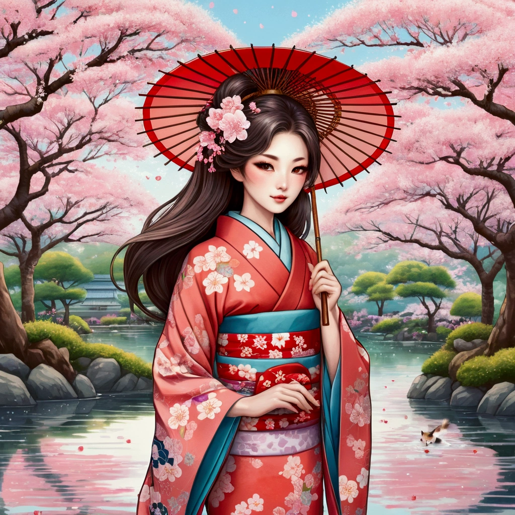 Illustration of a fox girl wearing traditional Japanese kimono, With detailed floral patterns and bright colors. She is long, The flowing hair is dotted with delicate cherry blossoms, She held a decorative paper parasol, Standing elegantly against the backdrop of a tranquil cherry blossom garden