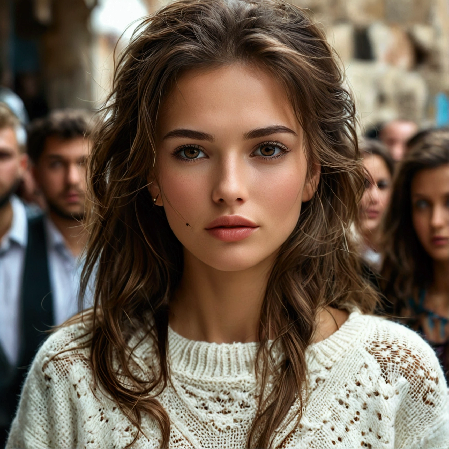 28 year old girl with Brown hair and Brown eyes, happy, Joyful expression, closed mouth, Handsome lips, very thin nose, complex parts, shallow depth of field, Very detailed, high budget, fabulous, Head'piece of art, principal, professional, Very detailed, Detailed leather texture, (blush: 0.5), (goosebumps: 0.5). (the most Handsome woman in the world) (Brown hair) (long straight hair, wild hair, elegant cut) visage stuffing, very thin nose, Handsome, very Handsome, perfect face, stuffing body (stuffing), (Brown hair) (Brown eyes ) (White skin) Beautiful face, western wall, confident eyes, Russian beauty, ((Best quality)), ((ultra resolution)), ((photorealistic: 1.4)), (complex parts), Make up: 1.5 , makeup Claire, Detailed faces. vue standing Photoréaliste, Sharpness, Photo of cattle, Amateur photo., standing, in black high heels, oversized sweater, pores de peau détaillés & Face texture, pores, (goosebumps:0.7), dynamic pose, look at the viewer, Facial focus, Filmed on a mobile camera, granularity