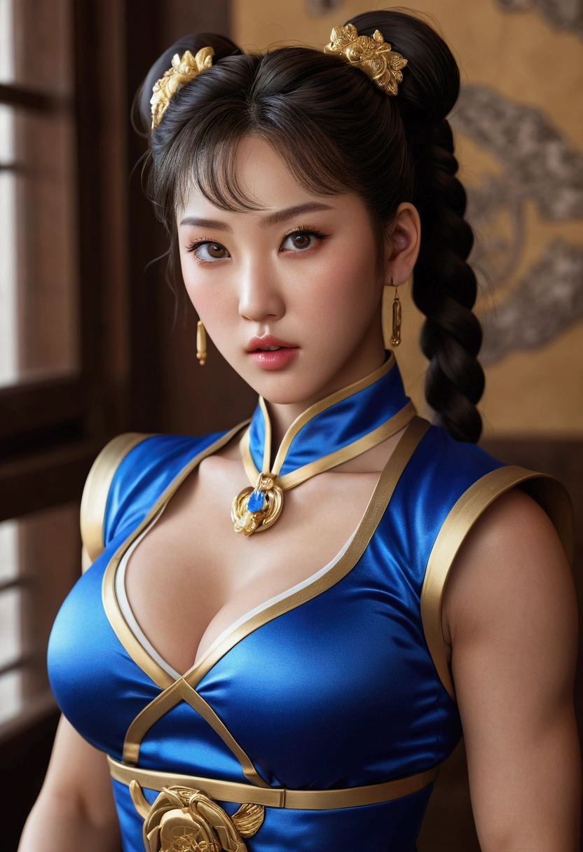 realist photo of Chun-Li, perfectbody, Exquisite details. The image must be in high definition. , 8k, work of art, CRU photo, best qualityer, photorrealistic, CG extremamente detalhado unifica 8k, 8k, Diamant, (Extremely beautiful face,beautiful detailed eyes,beautiful detailed lips,extremely detailed eye and face, beautiful lips, gorgeous eyes), face with intricate details, ((ultra detailed skin)) 1 , beautiful korean girl, KPOP Idol,1 , ultra detali, hyperrealisti, offcial art, cinematic light, realisitic, young and beautiful girl,skiny and thin, perfect body figure, perfect body figure, Complete point of view, perfectbody, (Starting below:1.3), obscene poses,(huge boobs:1.0 revealing), long, sexy and muscular legs, self-confident, Linda Sexy,slim.
