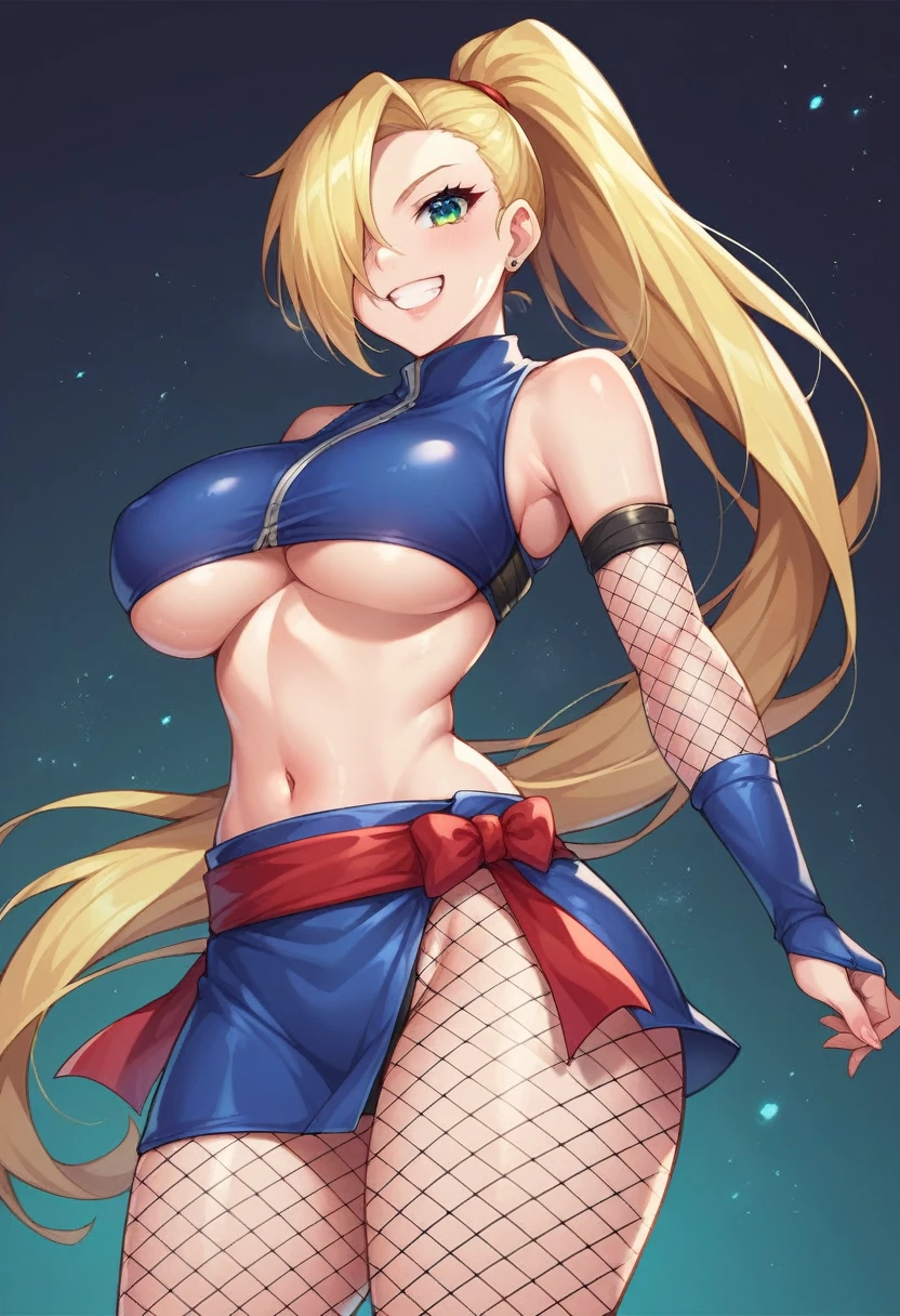 masterpiece, best quality, (1 girl), solo, wide hips, (big breasts), grin, young girl, wide hips, ninja village, nighttime, detailed eyes, open mouth, ((wearing a slutty ninja outfit)), slutty, (very long hair), curvy, nice hips, kunoichi, ((ninja girl)), ninja outfit, midriff, short skirt, (fishnet), underboob, kunoichi skirt, blonde hair, fishnet bodycon, wide hips, (ino yamanaka), ponytail, hair over one eye,
