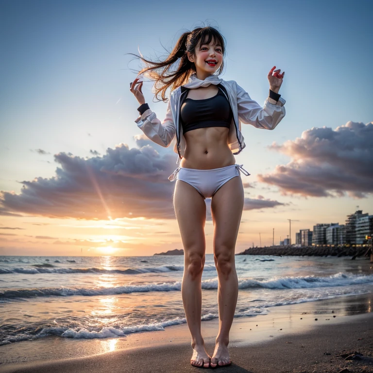 8K RAW photo, UHD, HDR, best quality, ultra detailed, realistic, photorealistic, professional photography, unity 8K wallpaper, ultra high res, 1girl, photo of an incredibly cute 18-year-old Japanese girl in a white bikini walking on a sandy beach at a beautiful sunset, beautiful detailed face, (walking:1.4), looking at viewer, (from below:1.4), An absolutely mesmerizing sunset over the beach, with a blend of oranges, pinks, and yellows filling the sky. Crystal-clear waters of the sea gently kissing the shore, with sandy white beach stretching far and wide. The scene is dynamic and breathtaking, with seagulls soaring high in the sky and gently swaying palm trees. Take in the calming atmosphere and let the peacefulness wash over you.