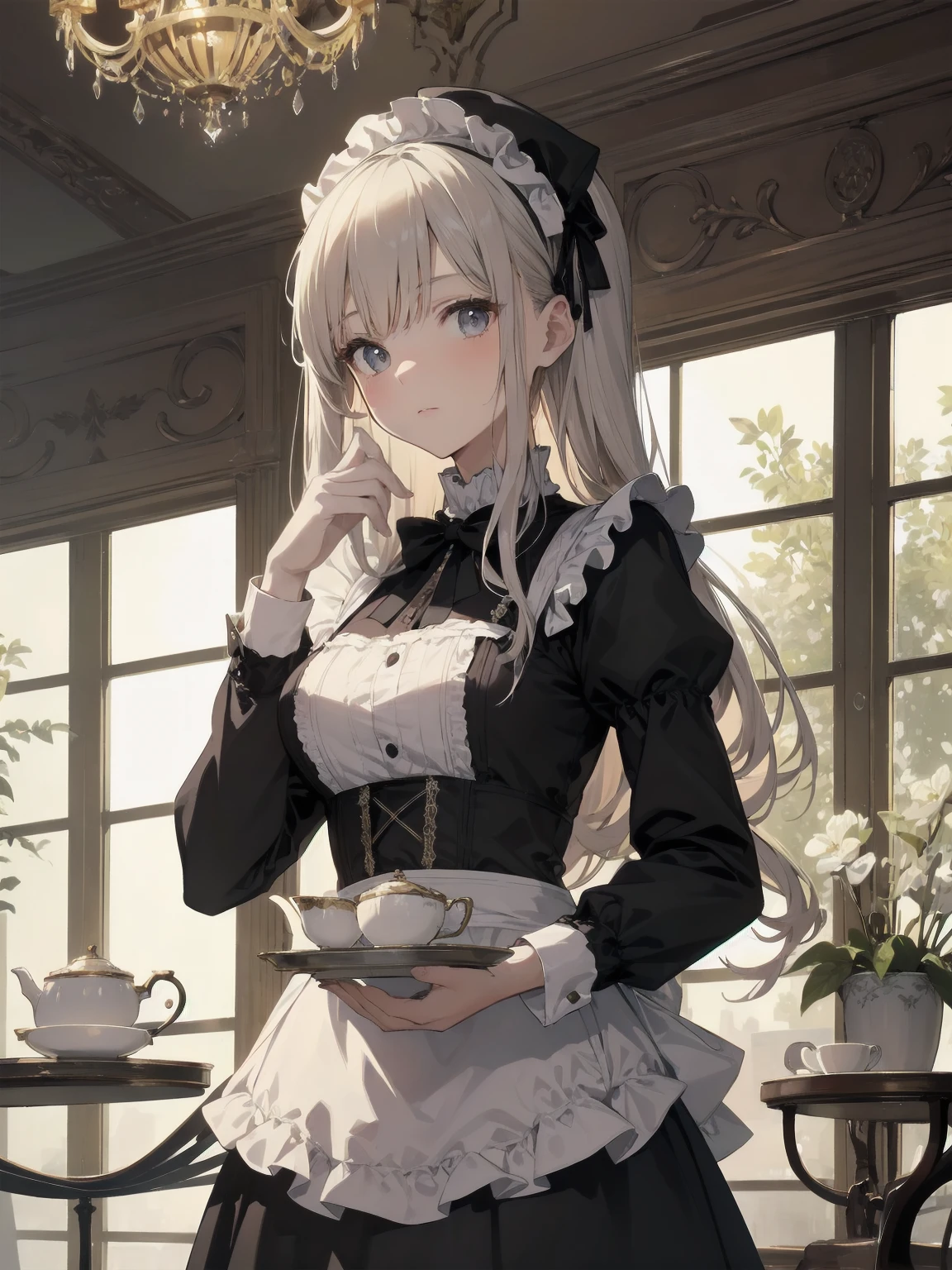 Illustration of a beautiful girl in a cute pose,(Masterpiece: 1.2), (Best quality: 1.2), A cute girl with long black hair, dressed in a classic black and white maid outfit with frilly lace and a matching headband, is standing in a beautifully decorated Victorian-style parlor. She is holding a silver tray with a teapot and teacup, her expression a mix of professionalism and warmth. The background includes ornate furniture, a chandelier, and large windows with heavy drapes, all bathed in soft afternoon light. This illustration emphasizes the elegant and welcoming atmosphere of a high-class tea service