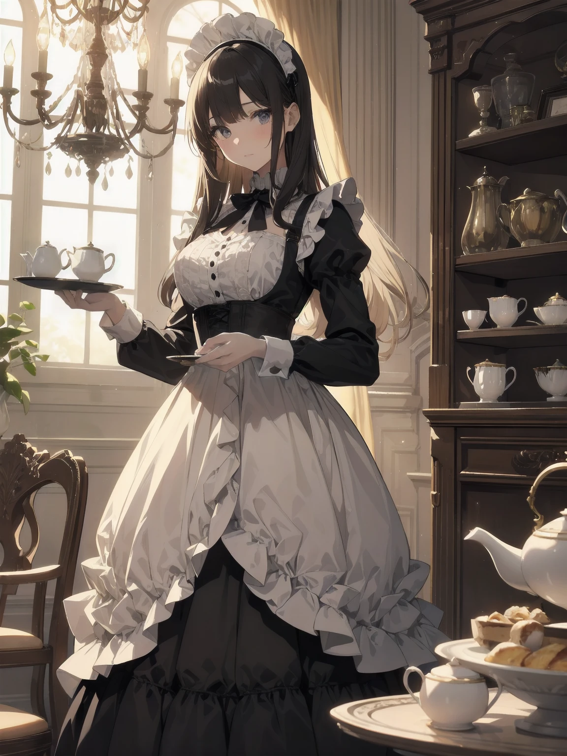 Illustration of a beautiful girl in a cute pose,(Masterpiece: 1.2), (Best quality: 1.2), A cute girl with long black hair, dressed in a classic black and white maid outfit with frilly lace and a matching headband, is standing in a beautifully decorated Victorian-style parlor. She is holding a silver tray with a teapot and teacup, her expression a mix of professionalism and warmth. The background includes ornate furniture, a chandelier, and large windows with heavy drapes, all bathed in soft afternoon light. This illustration emphasizes the elegant and welcoming atmosphere of a high-class tea service