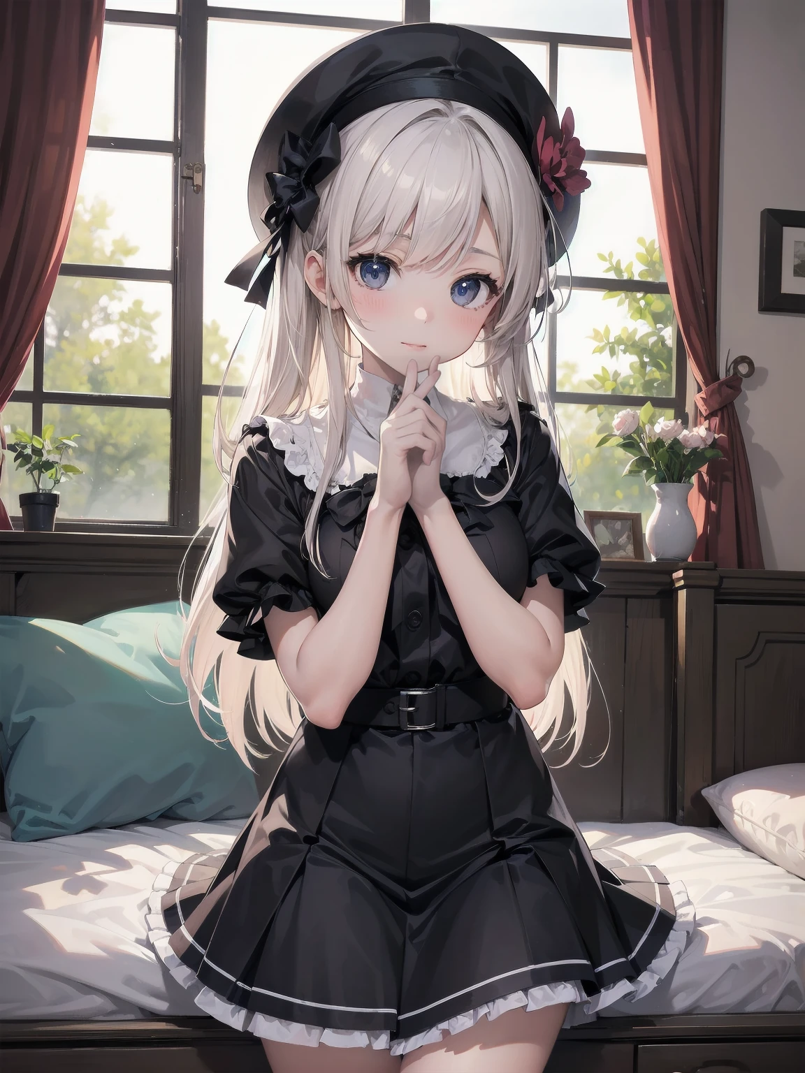 masterpiece, illustration, ultra detailed, kawaii, one girl, solo, sister in super cute pose, bedroom, cowboy shot, SFW, dynamic angle