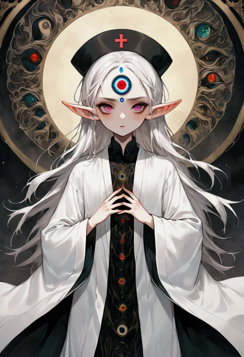 Gothic Dark Art，(((1 Boy，独奏，third eye on the forehead，Elf ears))),(((robe：1.6，Eye Diagram，Dark Pattern))).(((Nurse hat)))，whole body，Death Stare Background。body movements