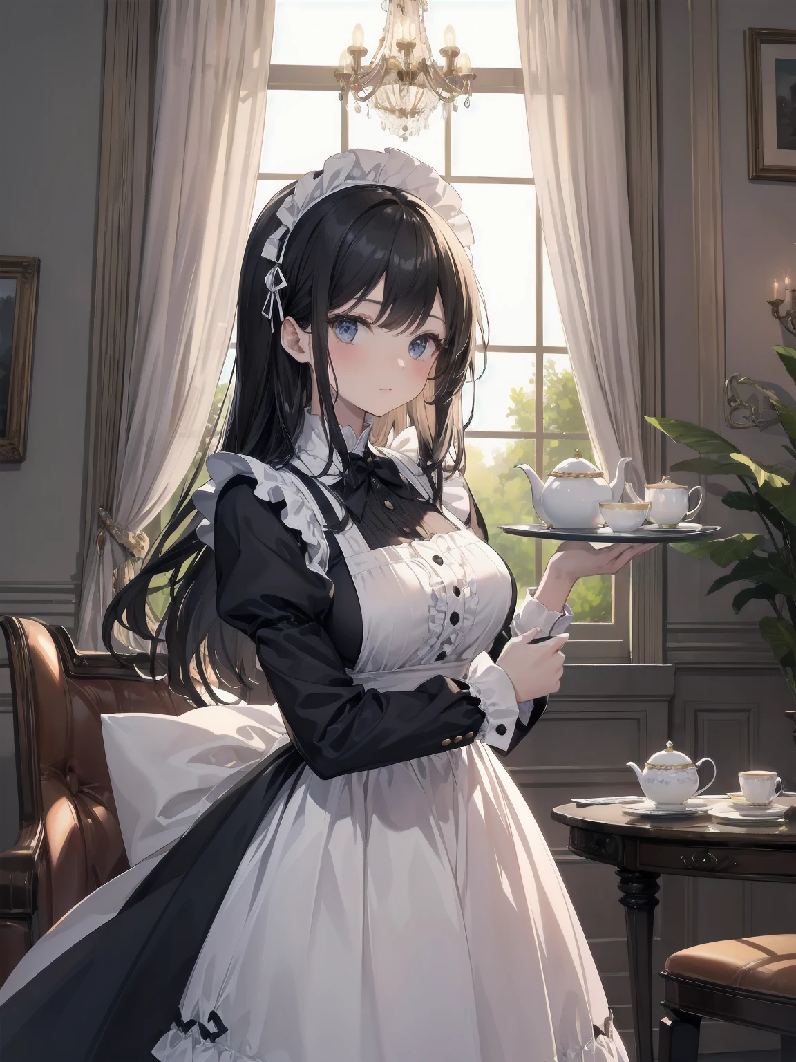Illustration of a beautiful girl in a cute pose,(Masterpiece: 1.2), (Best quality: 1.2), A cute girl with long black hair, dressed in a classic black and white maid outfit with frilly lace and a matching headband, is standing in a beautifully decorated Victorian-style parlor. She is holding a silver tray with a teapot and teacup, her expression a mix of professionalism and warmth. The background includes ornate furniture, a chandelier, and large windows with heavy drapes, all bathed in soft afternoon light. This illustration emphasizes the elegant and welcoming atmosphere of a high-class tea service
