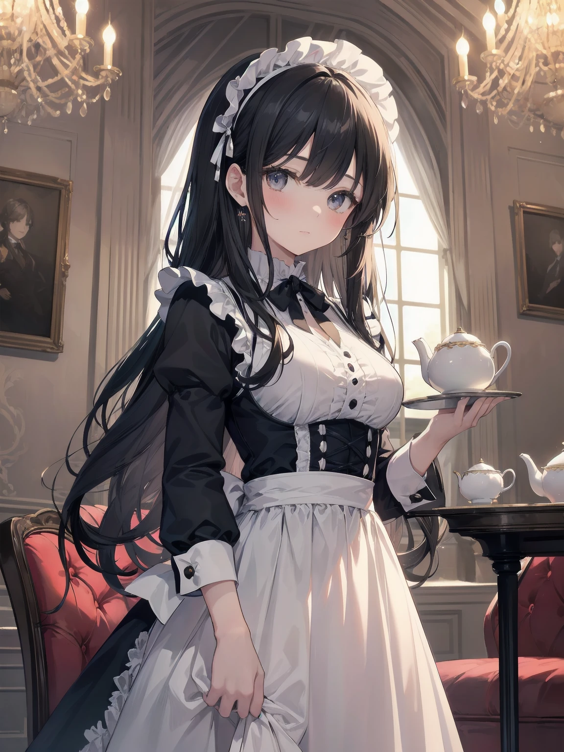 Illustration of a beautiful girl in a cute pose,(Masterpiece: 1.2), (Best quality: 1.2), A cute girl with long black hair, dressed in a classic black and white maid outfit with frilly lace and a matching headband, is standing in a beautifully decorated Victorian-style parlor. She is holding a silver tray with a teapot and teacup, her expression a mix of professionalism and warmth. The background includes ornate furniture, a chandelier, and large windows with heavy drapes, all bathed in soft afternoon light. This illustration emphasizes the elegant and welcoming atmosphere of a high-class tea service