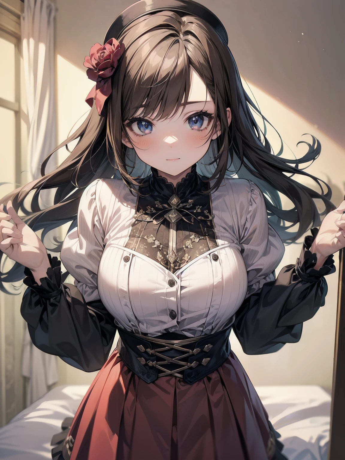 masterpiece, illustration, ultra detailed, kawaii, one girl, solo, sister in super cute pose, bedroom, cowboy shot, SFW, dynamic angle