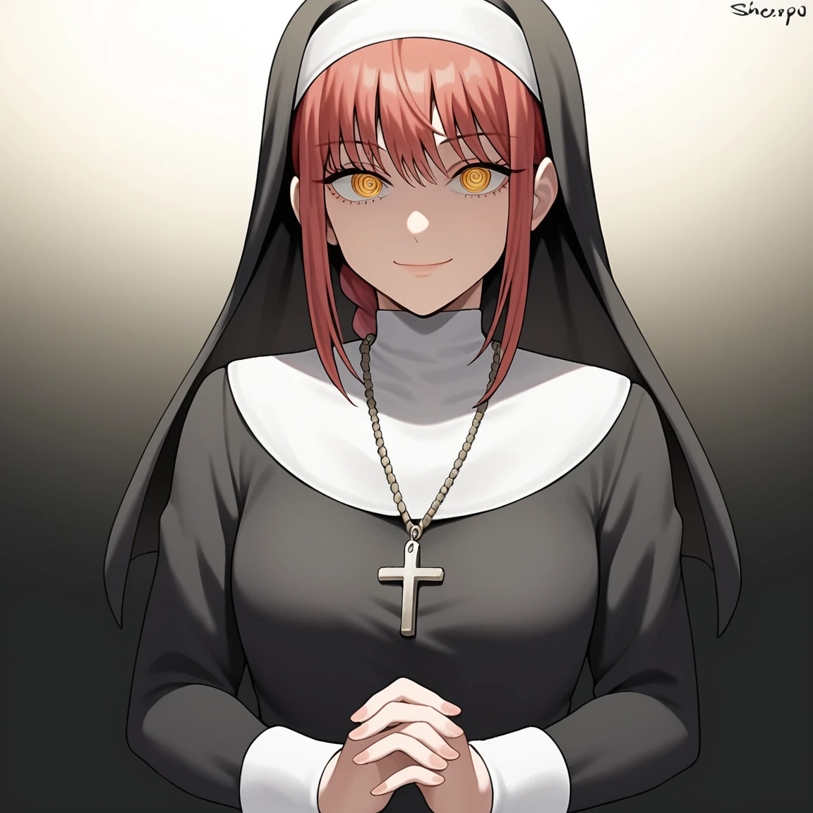 1girl, green eyes, pink hair, nun, saint, nice clothes, (high resolution, high detail, best quality),
black background, sad