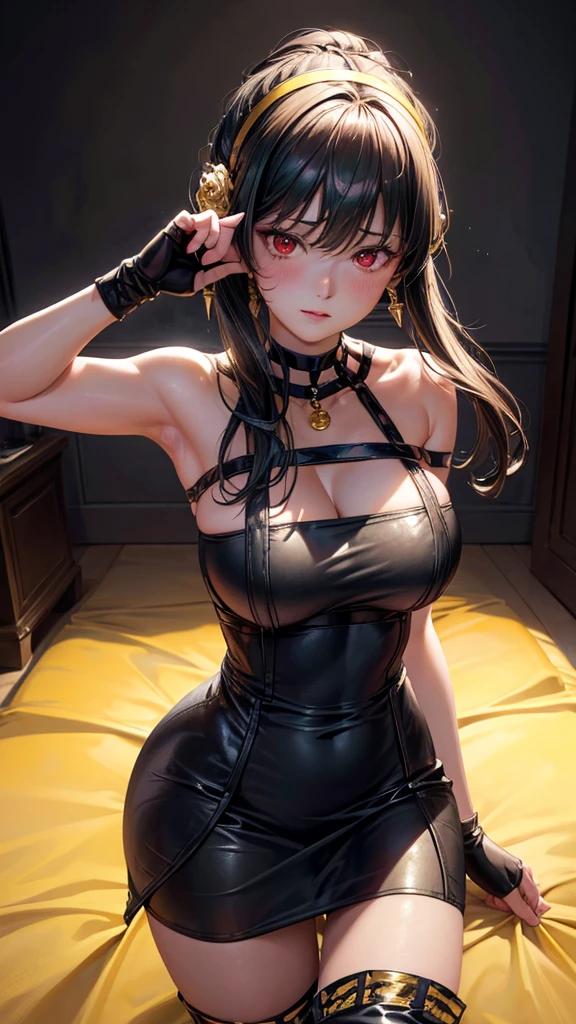 Ayorf, Side Lock, Gold Hair Band, hair ornaments, Red eyes, Gold earrings, Big Breasts, choker, Bare shoulders, Black Dress, Double-sided dress, Fingerless gloves, Thigh-high boots, Show me your ass, Show me your assいる, Tight T-back, smile, Installation location