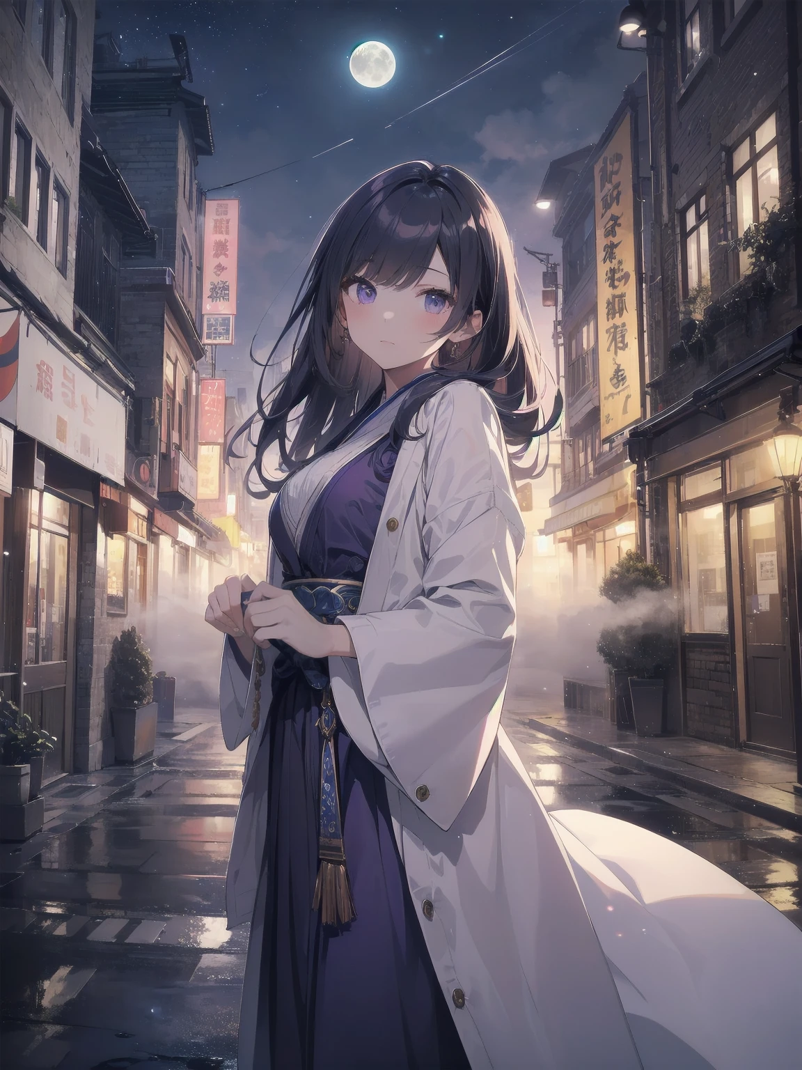masterpiece, 8k, Highest quality, Very detailed, Purple & A beautiful girl in a blue magical robe with a moon motif、Close-up on the characters、(building, city、A dense fog of fluorescent particles、１８００Era、Western style、Fiction、grow、Overwhelming、Detailed street）、A pretty woman with a beautiful background and a lovely pose