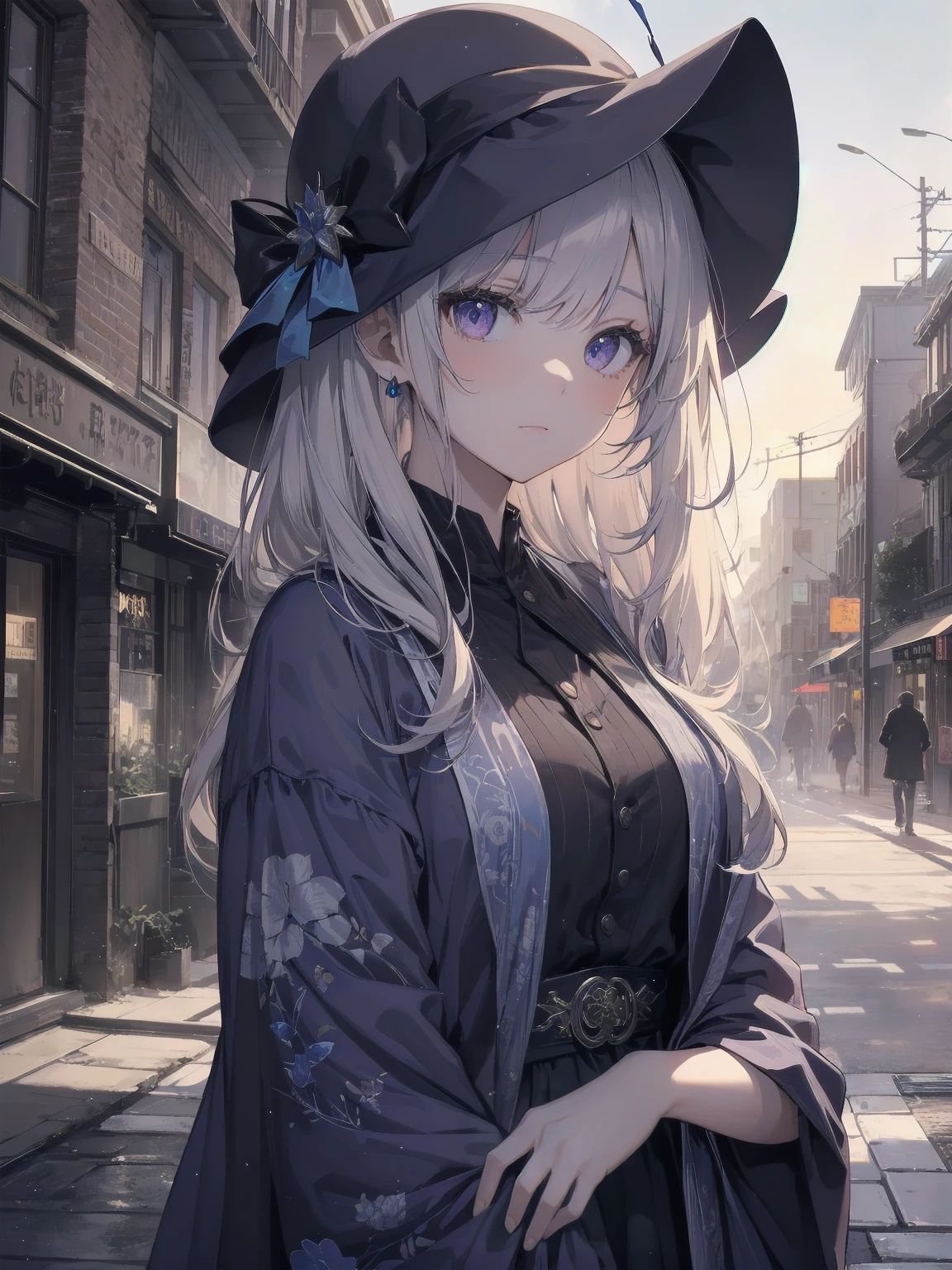 masterpiece, 8k, Highest quality, Very detailed, Purple & A beautiful girl in a blue magical robe with a moon motif、Close-up on the characters、(building, city、A dense fog of fluorescent particles、１８００Era、Western style、Fiction、grow、Overwhelming、Detailed street）、A pretty woman with a beautiful background and a lovely pose