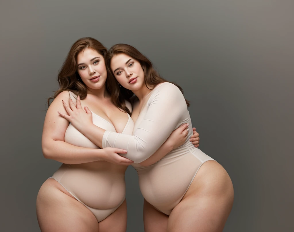 a coupe plus size woman hugs, front view, (2 woman)
