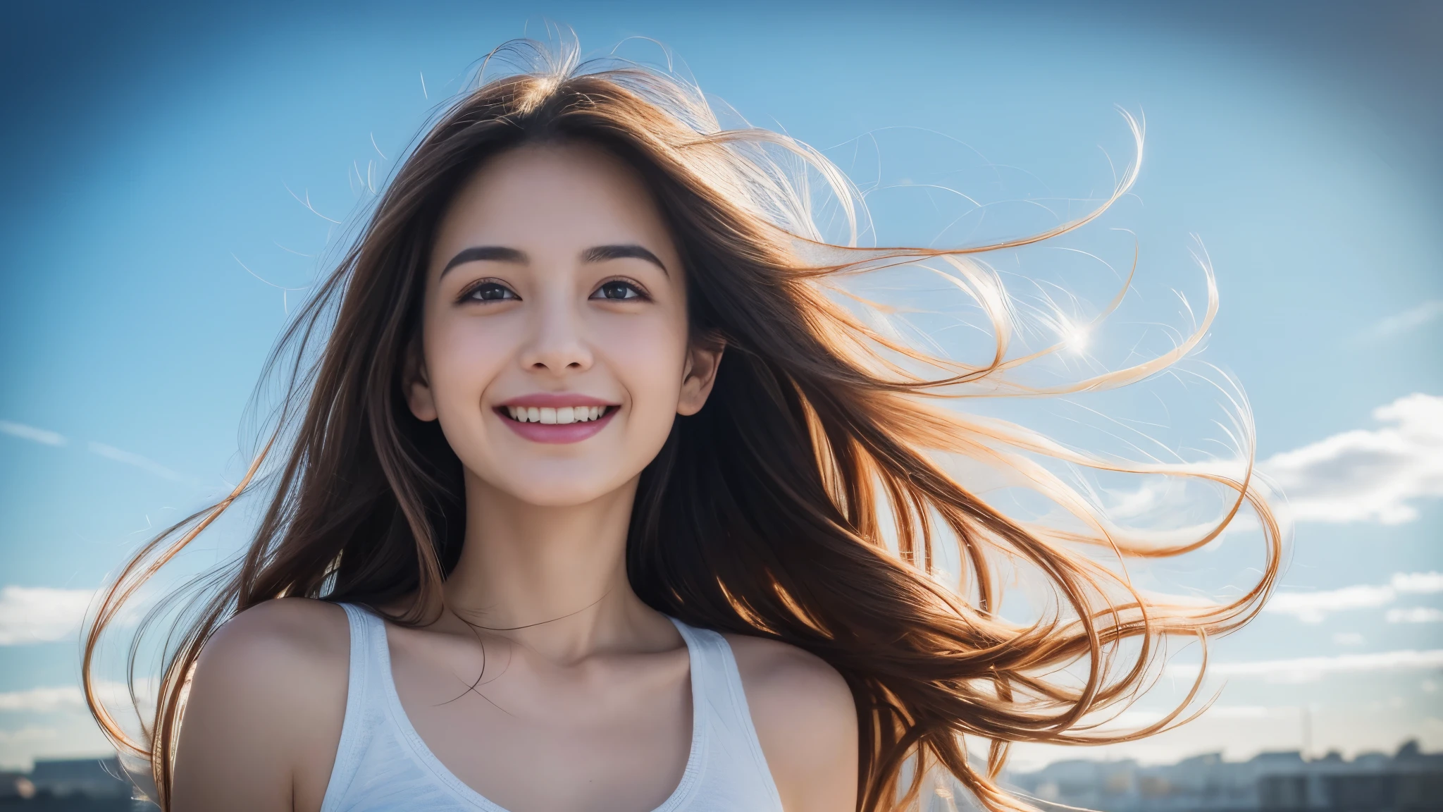 (8k, best quality, masterpiece:1.2), (realistic, photo-realistic:1.37), ultra-detailed, 1 girl,cute, solo,beautiful detailed sky,dating,(nose blush),(smile:1.15),(closed mouth) small breasts,beautiful detailed eyes, (long hair:1.2),floating hair NovaFrogStyle, upper body, tank top
