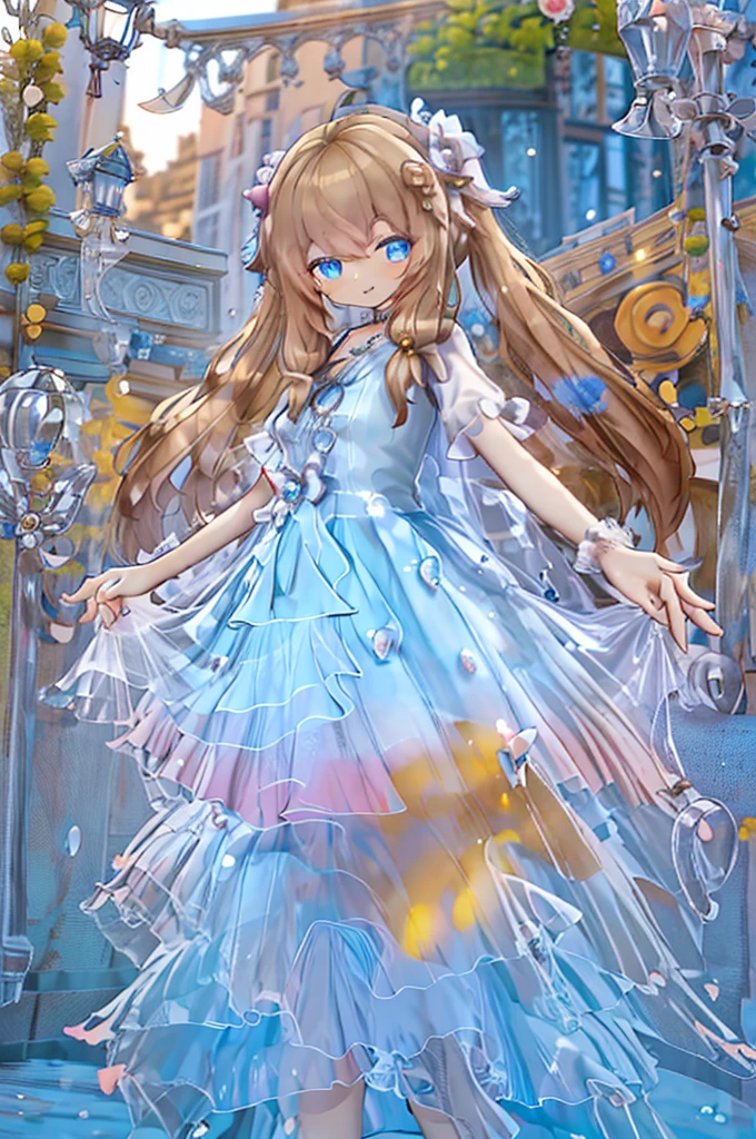Solo girl, comical, kawaii, Blue eyes, light brown hair, high long twintails, (yellow shirt 1.5), (yellow princess dress 1.5), ignore the viewer, open mouth smile, top angle, posing, sexy, high-resolution image, masterpiece, high quality, attractive eyes