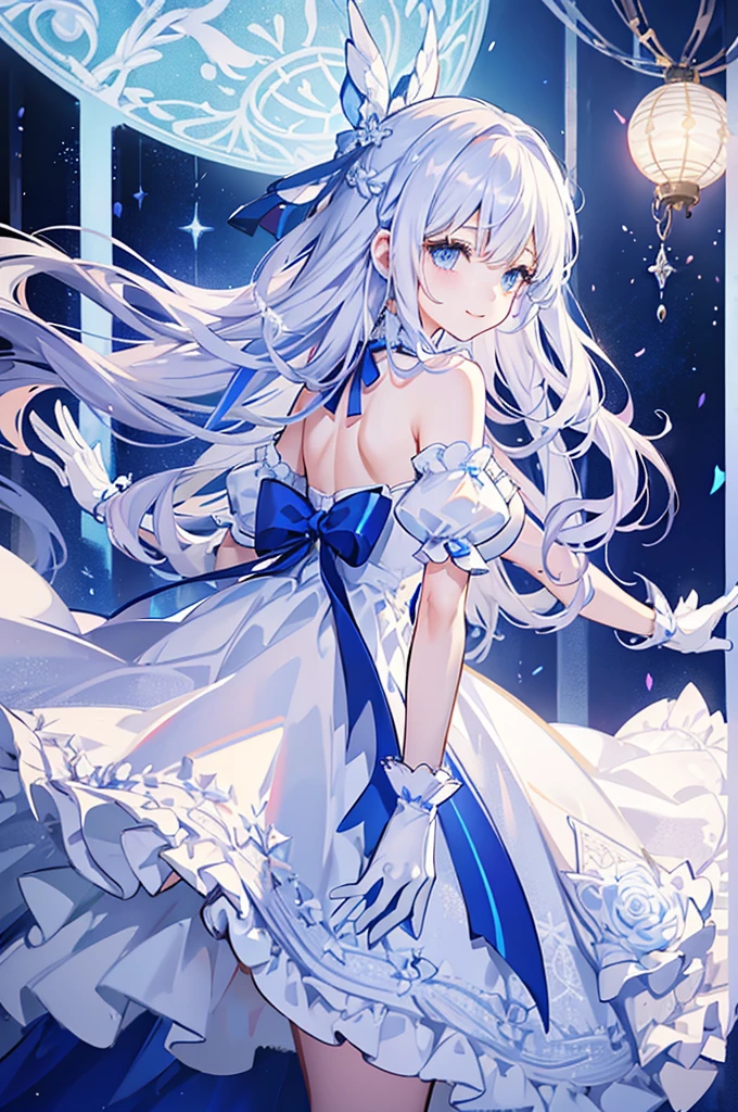 A woman with white hair and blue eyes、adult、Long, fluffy wavy hair、Braiding、Wearing hair ornaments、Smiling、Princess、White gloves、blue and white lace dress、ribbon、Decorations such as roses and drops、The dress is short in the front and long in the back、Garter Ring、Fantasy