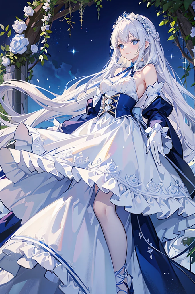 A woman with white hair and blue eyes、adult、Long, fluffy wavy hair、Braiding、Wearing hair ornaments、Smiling、Princess、White gloves、blue and white lace dress、ribbon、Decorations such as roses and drops、The dress is short in the front and long in the back、Garter Ring、Fantasy