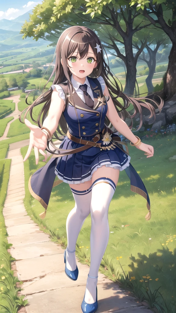 ((masterpiece)), (best quality), official art, extremely detailed CG, unity 8k wallpaper, ultra detailed, highly detailed, detailed background, vivid color,
1girl, tae,black hair,long hair,green eyes, 
skirt, shirt, thighhighs, bow, white shirt, pleated skirt, frills, necktie, sleeveless, collared shirt, belt, miniskirt, star symbol, bracelet, blue skirt, zettai ryouiki, sleeveless shirt, blue bow, blue footwear,  
Leaping with one hand reaching up, vineyard, sprawling countryside, terraced slopes, winery, 
 