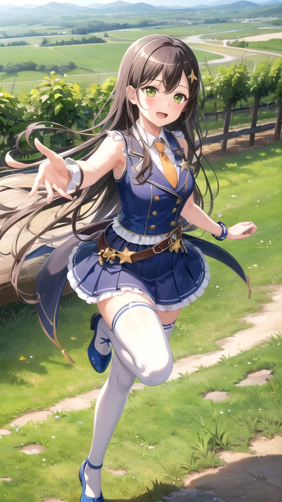 ((masterpiece)), (best quality), official art, extremely detailed CG, unity 8k wallpaper, ultra detailed, highly detailed, detailed background, vivid color,
1girl, tae,black hair,long hair,green eyes, 
skirt, shirt, thighhighs, bow, white shirt, pleated skirt, frills, necktie, sleeveless, collared shirt, belt, miniskirt, star symbol, bracelet, blue skirt, zettai ryouiki, sleeveless shirt, blue bow, blue footwear,  
Leaping with one hand reaching up, vineyard, sprawling countryside, terraced slopes, winery, 
 