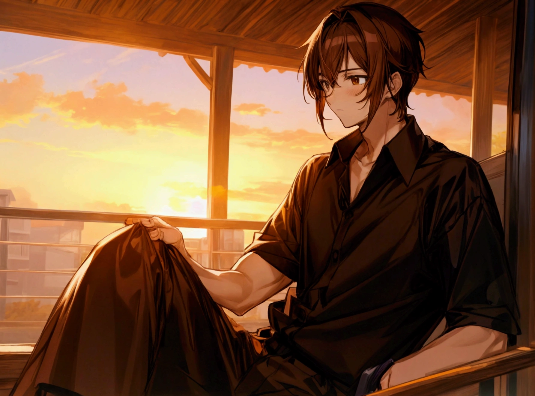 Anime boy brown hair brown eyes black shirt sitting look sunset 